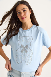 Teddy Kurdele Detaylı Taşlı T-Shirt 60602035 - Bebe Mavisi
