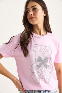 Teddy Kurdele Detaylı Taşlı T-Shirt 60602035 - Pembe