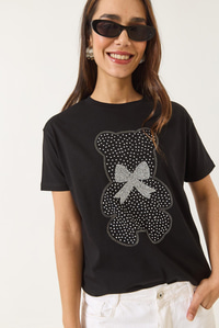 Teddy Kurdele Detaylı Taşlı T-Shirt 60602035 - Siyah