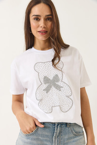 Teddy Kurdele Detaylı Taşlı T-Shirt 60602035 - Beyaz