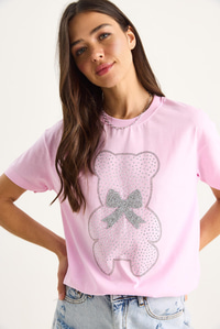 Teddy Kurdele Detaylı Taşlı T-Shirt 60602035 - Pembe