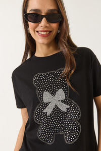 Teddy Kurdele Detaylı Taşlı T-Shirt 60602035 - Siyah
