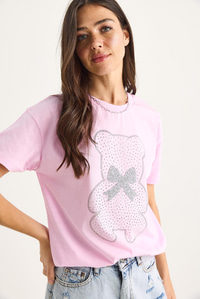 Teddy Kurdele Detaylı Taşlı T-Shirt 60602035 - Pembe