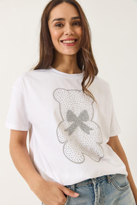 Teddy Kurdele Detaylı Taşlı T-Shirt 60602035 - Beyaz