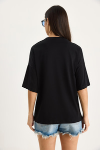 Teddy Nakışlı Bisiklet Yaka Pamuklu T-Shirt 60602064 - Siyah