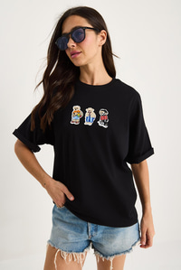 Teddy Nakışlı Bisiklet Yaka Pamuklu T-Shirt 60602064 - Siyah