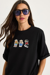 Teddy Nakışlı Bisiklet Yaka Pamuklu T-Shirt 60602064 - Siyah