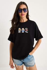 Teddy Nakışlı Bisiklet Yaka Pamuklu T-Shirt 60602064 - Siyah