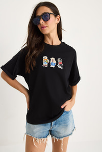 Teddy Nakışlı Bisiklet Yaka Pamuklu T-Shirt 60602064 - Siyah