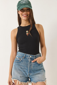 Teddy Nakışlı Fitilli Slim Crop Atlet  60284025 - Siyah