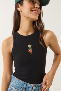 Teddy Nakışlı Fitilli Slim Crop Atlet  60284025 - Siyah