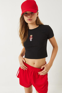 Teddy Nakışlı Kısa Kollu Fit Crop T-Shirt 60284004 - Siyah