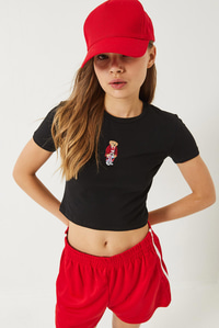 Teddy Nakışlı Kısa Kollu Fit Crop T-Shirt 60284004 - Siyah