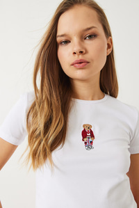 Teddy Nakışlı Kısa Kollu Fit Crop T-Shirt 60284004 - Beyaz