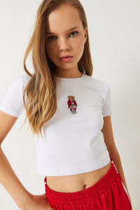 Teddy Nakışlı Kısa Kollu Fit Crop T-Shirt 60284004 - Beyaz