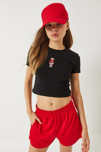 Teddy Nakışlı Kısa Kollu Fit Crop T-Shirt 60284004 - Siyah