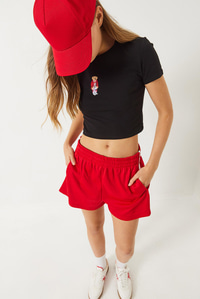 Teddy Nakışlı Kısa Kollu Fit Crop T-Shirt 60284004 - Siyah