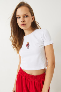 Teddy Nakışlı Kısa Kollu Fit Crop T-Shirt 60284004 - Beyaz