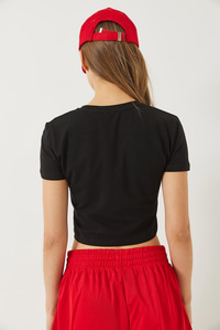 Teddy Nakışlı Kısa Kollu Fit Crop T-Shirt 60284004 - Siyah