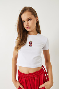 Teddy Nakışlı Kısa Kollu Fit Crop T-Shirt 60284004 - Beyaz