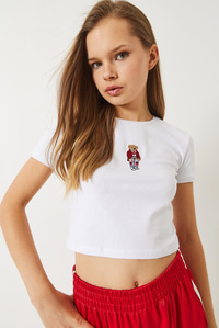 Teddy Nakışlı Kısa Kollu Fit Crop T-Shirt 60284004 - Beyaz