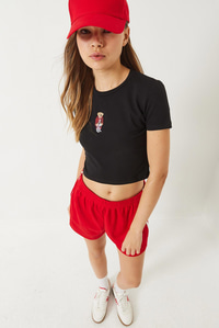 Teddy Nakışlı Kısa Kollu Fit Crop T-Shirt 60284004 - Siyah