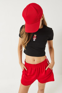 Teddy Nakışlı Kısa Kollu Fit Crop T-Shirt 60284004 - Siyah