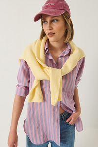 Tek Cep Detaylı Çizgili Oversize Gömlek 8368 60283103 - Lila