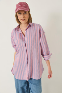 Tek Cep Detaylı Çizgili Oversize Gömlek 8368 60283103 - Lila