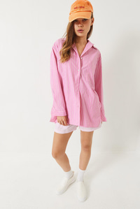 Tek Cep Detaylı Çizgili Poplin Gömlek 60283071 - Pembe