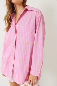Tek Cep Detaylı Çizgili Poplin Gömlek 60283071 - Pembe