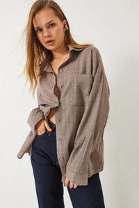 Tek Cep Detaylı Oversize Keten Dokulu Basic Gömlek 4756 60283100 - Vizon