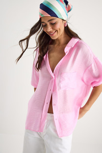 Tek Cep Detaylı V Yaka Pamuk Organze Oversize Gömlek 34296-2 60283291 - Şeker Pembe