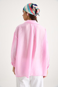 Tek Cep Detaylı V Yaka Pamuk Organze Oversize Gömlek 34296-2 60283291 - Şeker Pembe