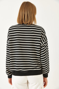 Tek Cepli Çizgili Denimli Sweatshirt 2501 60351338 - Siyah-Beyaz