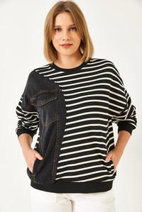 Tek Cepli Çizgili Denimli Sweatshirt 2501 60351338 - Siyah-Beyaz