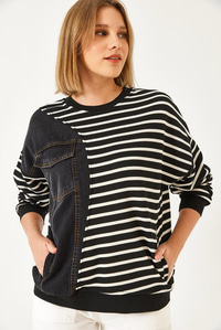 Tek Cepli Çizgili Denimli Sweatshirt 2501 60351338 - Siyah-Beyaz