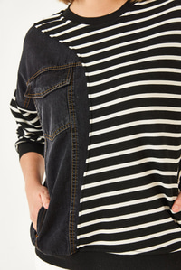Tek Cepli Çizgili Denimli Sweatshirt 2501 60351338 - Siyah-Beyaz