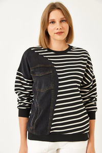 Tek Cepli Çizgili Denimli Sweatshirt 2501 60351338 - Siyah-Beyaz