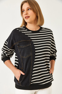 Tek Cepli Çizgili Denimli Sweatshirt 2501 60351338 - Siyah-Beyaz