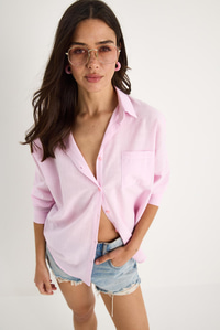Tek Cepli Oversize Keten Gömlek 25626 60284054 - Şeker Pembe