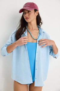 Tek Cepli Oversize Keten Gömlek 25626 60284054 - Bebe Mavisi