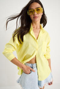 Tek Cepli Oversize Keten Gömlek 25626 60284054 - Sarı