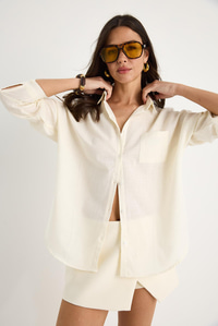 Tek Cepli Oversize Keten Gömlek 25626 60284054 - Ekru