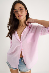 Tek Cepli Oversize Keten Gömlek 25626 60284054 - Şeker Pembe