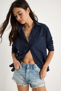 Tek Cepli Oversize Keten Gömlek 25626 60284054 - Lacivert