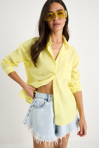 Tek Cepli Oversize Keten Gömlek 25626 60284054 - Sarı