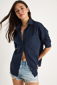 Tek Cepli Oversize Keten Gömlek 25626 60284054 - Lacivert