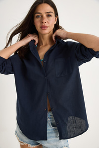 Tek Cepli Oversize Keten Gömlek 25626 60284054 - Lacivert