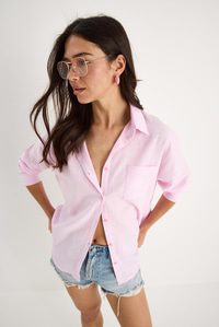 Tek Cepli Oversize Keten Gömlek 25626 60284054 - Şeker Pembe